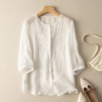 白色復古刺繡七分袖寬松亞麻襯衫