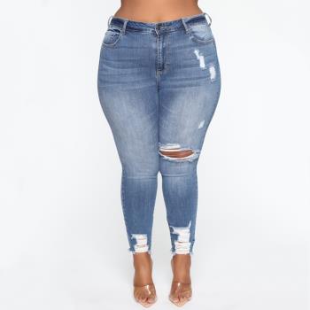 2022 fat women jeans ripped ladies big size plus pants 女褲