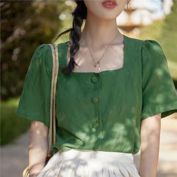 夏季新款法式復古方領襯短袖衫女設計感小眾甜美別致通勤棉麻上衣