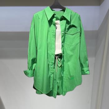 春夏時尚綠色長袖襯衫百搭上衣