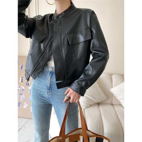 黑色無領短款小皮衣外套女2025年春季新款中古休閑pu皮機車服夾克