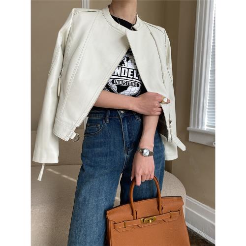 米白色無領正肩短款小皮衣外套女小個子2025年春季新款機車版夾克