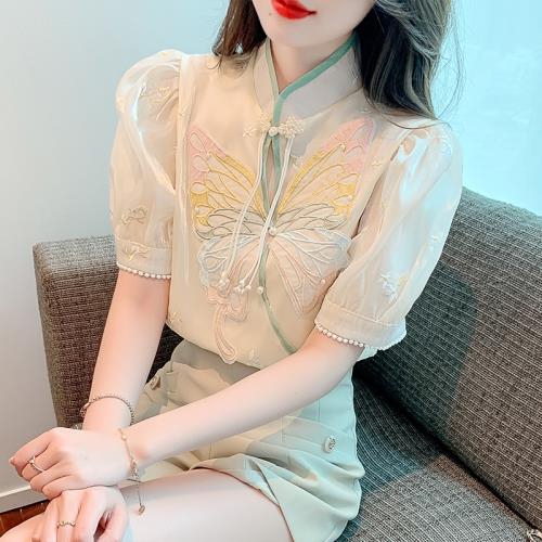 泡泡袖雪紡襯衫女夏季2025新款法式刺繡上衣設計感小眾旗袍式襯衣