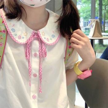 日系夏季甜美星星刺繡娃娃領格子短袖襯衫女小眾設計感可愛上衣潮