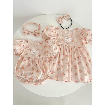 23夏季新款嬰兒包屁衣寶寶衣服粉色碎花短袖連衣裙女寶姐妹裝韓版