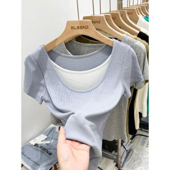 歐貨設計感小眾假兩件上衣女夏季新款洋氣高級感螺紋短袖t恤女潮