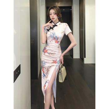 日常高階旗袍印花民國風包臀純欲性感高開叉皺褶收腰中長款連衣裙