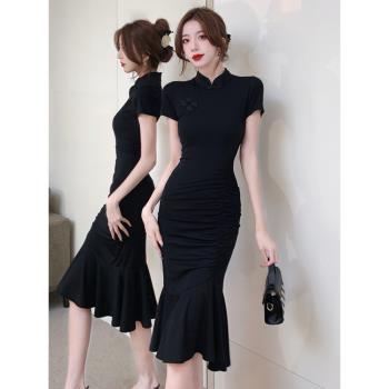 高級感黑色連衣裙女夏季國風小眾修身改良旗袍裙子顯瘦短袖魚尾裙