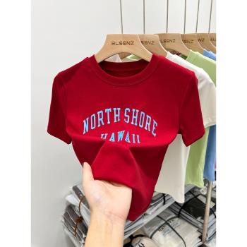 歐洲站短袖t恤女夏季新款洋氣印花高級感顯瘦紅色女上衣短款半袖