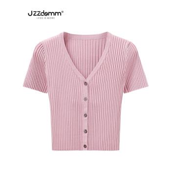 九州誠品/JZZDEMM法式坑條修身短款針織短袖開衫女夏時尚百搭上衣