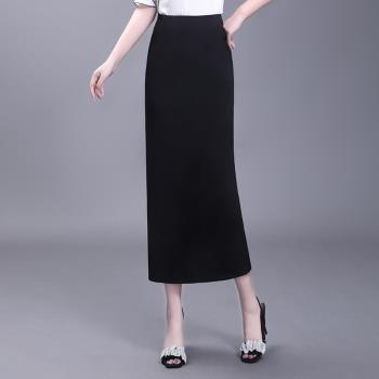 夏季直筒一步裙包臀后開叉裙子通勤垂感黑色百搭半身裙高腰顯瘦