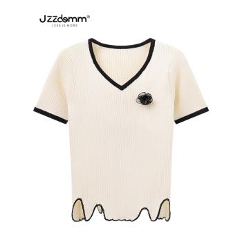 九州誠品/JZZDEMM不規則底邊設計感別致山茶花裝飾針織短袖上衣女