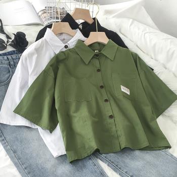 綠色襯衫春夏裝設計感小眾短袖