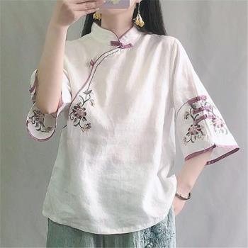 棉麻寬松中國風刺繡五分袖襯衫