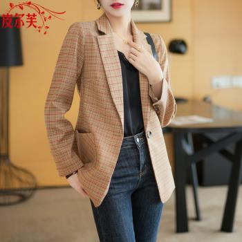 小個子復古咖色格子西裝外套女士春秋新款韓版修身設計感小眾西服