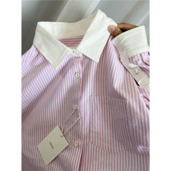 減齡條紋Polo領寬松疊穿長袖襯衫