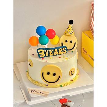 韓式笑臉蛋糕裝飾ins風五彩氣球插件復古EMOJI表情生日甜品臺插牌
