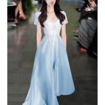 氣質仙女裙2023夏季新款歐美名媛高級感漸變藍色雪紡短袖連衣裙