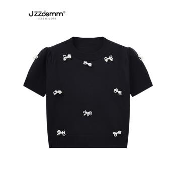 九州誠品/JZZDEMM設計感小眾蝴蝶結釘珠針織短袖女時尚百搭上衣潮