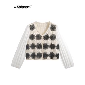 九州誠品/JZZDEMM夏季新款獨特別致針織開衫女鉤花鏤空雪紡袖上衣