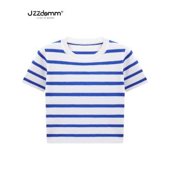 九州誠品/JZZDEMM撞色藍白條紋針織短袖女夏季簡約百搭小清新上衣