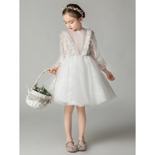 兒童禮服小女孩花童婚禮洋氣公主裙長袖女童白色生日表演出蓬蓬紗