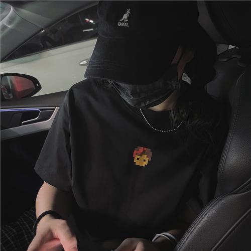 BF美式復古ins風黑色像素卡通小女孩頭像圖案印花寬松純棉短袖T恤