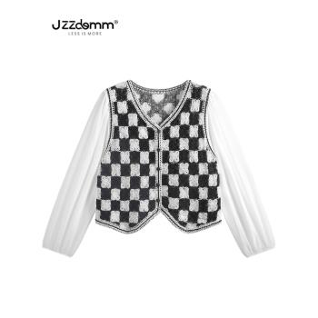 九州誠品/JZZDEMM復古港味上衣女棋盤格拼接設計感雪紡袖針織開衫