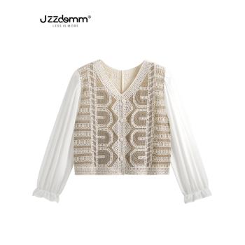 九州誠品/JZZDEMM夏季新款洋氣減齡鉤花鏤空針織開衫女雪紡袖上衣