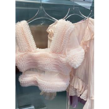 粉色獨特木耳邊網紗短款襯衫女2023年夏季新款設計感小眾法式上衣