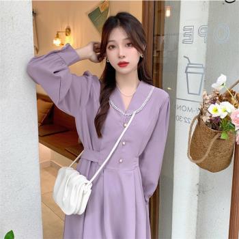 胖MM紫色秋裝新款氣質桔梗連衣裙