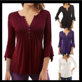 Womens 3/4 Flared Sleeve V-Neck Large Size Pleated Solid Co