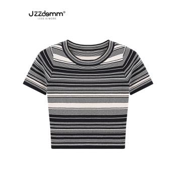 九州誠品/JZZDEMM夏季薄款針織短袖t恤女坑條高腰條紋小個子上衣