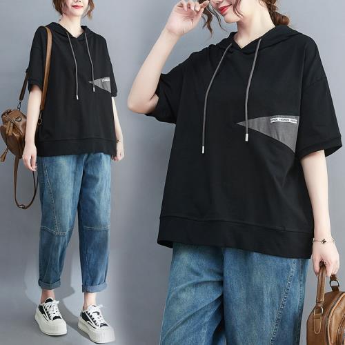 小菲家~大碼連帽短袖衛衣T恤女2024夏裝新款撞色顯瘦時尚百搭上衣