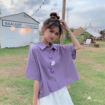 少女紫色上衣設計感小眾短袖襯衫