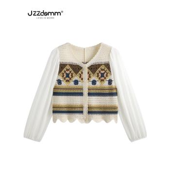 九州誠品/JZZDEMM粗針編織格紋鏤空拼接雪紡袖針織開衫短款上衣女