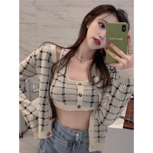 格格家 春裝網紅性感格子針織短款小吊帶背心長袖開衫外套兩件套