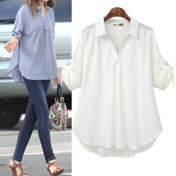 -Womens summer new two-color mid-sleeve shirt large size lo