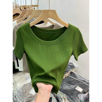 螺紋短袖T恤女2023夏裝新款百搭修身法式簡約氣質短款小眾上衣潮