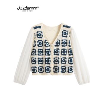 九州誠品/JZZDEMM方格紋鏤空設計感拼接雪紡袖針織開衫女薄款上衣