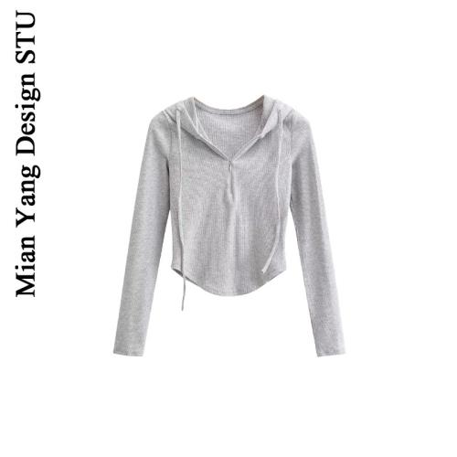 棉洋美式休閑運動弧邊短套頭衫女bm風街頭半拉鏈連帽抽繩長袖小衫