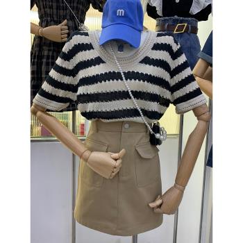 韓版夏季韓國東大門通勤個性鏤空透氣條紋針織短袖圓領套頭上衣女