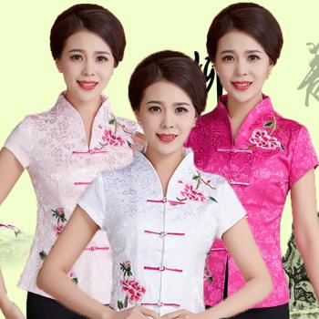 繡花套裝時尚旗袍古典短袖中式盤扣上衣中國風改良女士工作唐裝