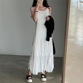 韓國chic夏季法式復古褶皺設計長款雪紡吊帶連衣裙女打底背心裙潮