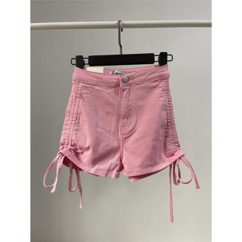 辣妹設計感綁帶時髦粉色牛仔短褲女歐美夏季高腰顯瘦包臀彈力熱褲