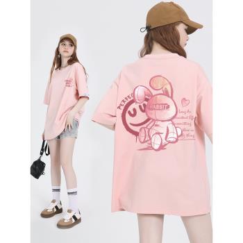 粉色t恤甜美2023夏季兔子純棉短袖女寬松設計感上衣半袖小眾體恤