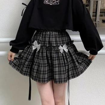 Off-shoulder long-sleeved plaid skirt suit長袖格子半身裙套裝