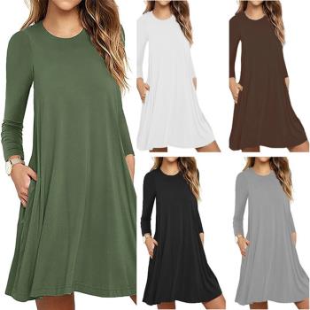 Womens Long Sleeve Round Neck Simple Loose Spring Dress