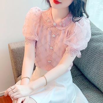 夏季短袖雪紡襯衫女裝2023年新款高階感法式蕾絲上衣洋氣別致小衫