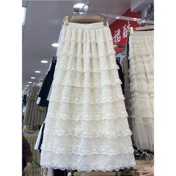 法式白色蛋糕裙女夏季高腰顯瘦裙子中長款蕾絲花邊拼接半身裙0648